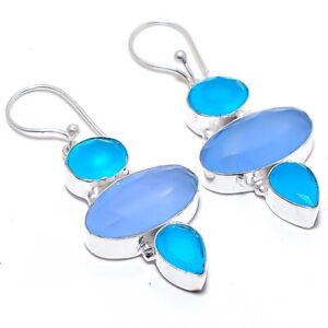 Blue Onyx Gemstone 925 Silver Jewellery Earring 2.0" e588