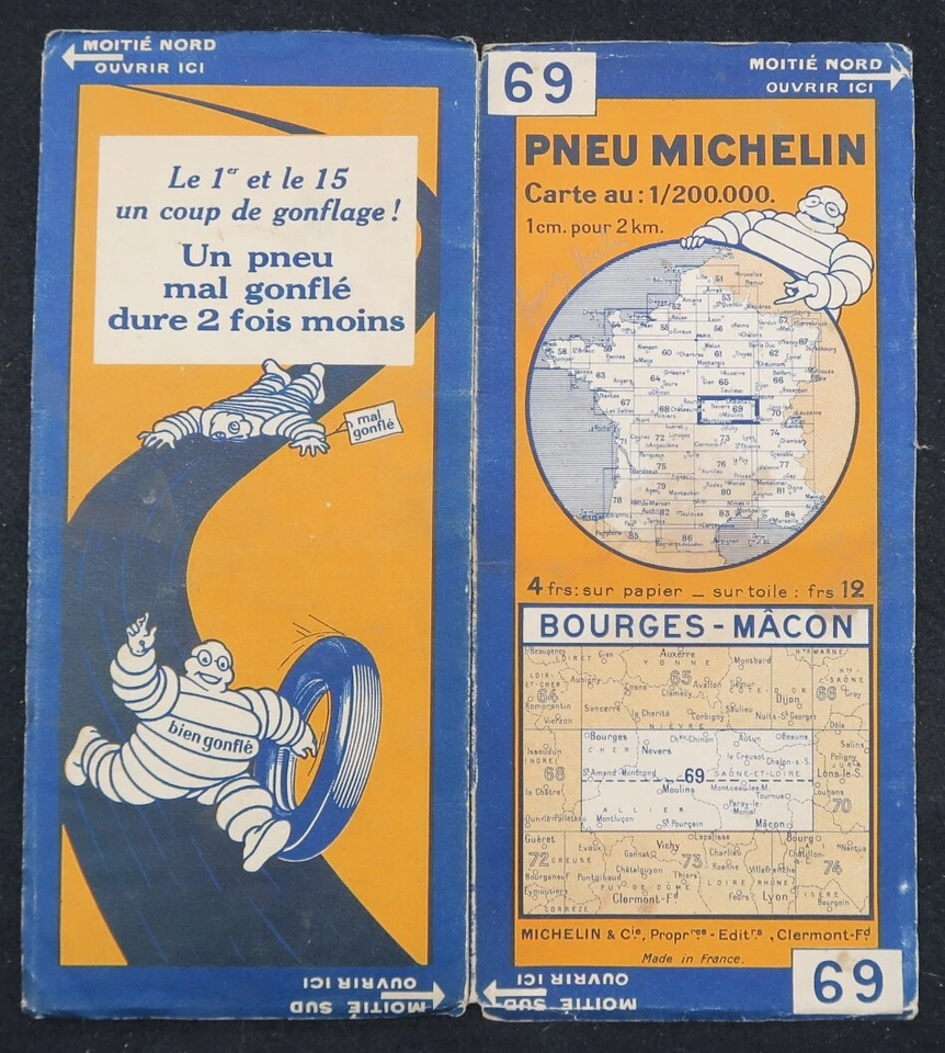 Tarjeta MICHELIN 69 BOURGES MACON 1930 Guía Bibendum neumáticos mapa - Imagen 1 de 1