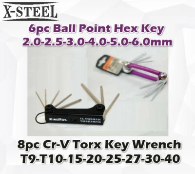 8pc Cr-V T9-T40 Torx Key Wrench + 6pc 2-6mm Ball Point Hex Key Foldable(085/050) - Image 1 of 4