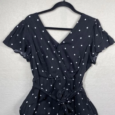 City Chic Black White Polka Dot V Neck Belted Lined Midi Dress Size S/16 - Image 1 of 4