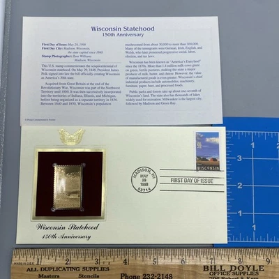 WISCONSIN STATEHOOD 22kt Gold Stamps First Day Issue 32 Cent 150th Anniversary - Image 1 of 4