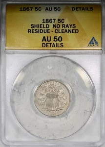 1867 No Rays Shield Nickel ANACS AU Details Cleaned Type Coin - Picture 1 of 2