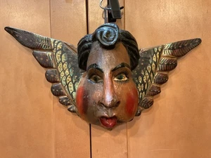 Vintage Guerrero Mexico geschnitzter Holz Engel Cherub Kopf Flügel siehe: - Bild 1 von 10