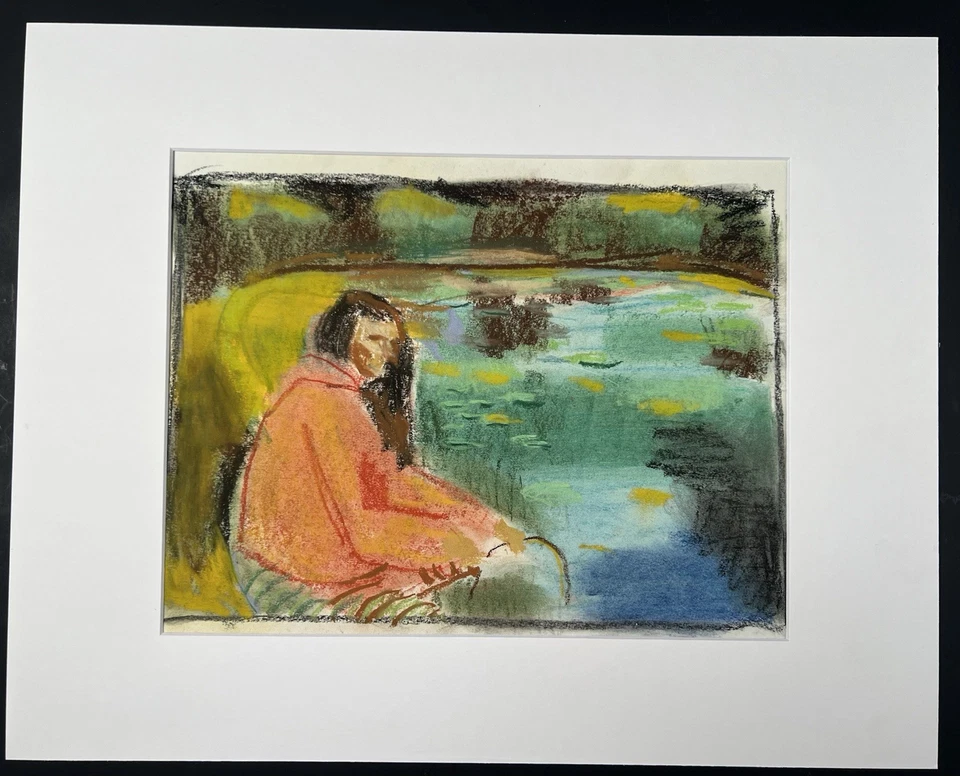 "Dibujo pastel original - Mujer de rojo junto a un lago - Estilo impresionista 16x20""" Foto 1 de 4