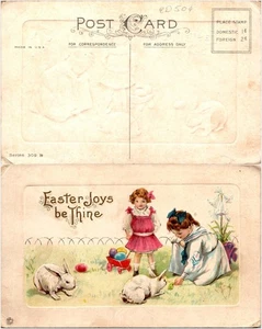 Embossed Easter Postcard, Kids, Bunnies & Eggs, 1910s - Picture 1 of 1