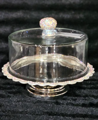 Cúpula de queso pastelero de vidrio con estrás de cristal plateado 8" Cloche redondo decoración FABULOSA Foto 1 de 4
