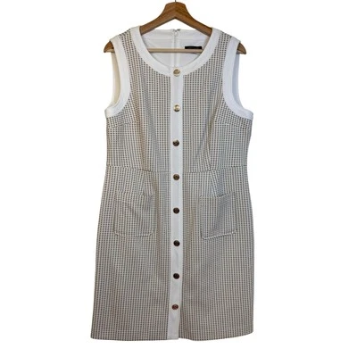 Tommy Hilfiger Faux Button Front Sheath Dress Size 14 Cream White Minimal Check - Image 1 of 4
