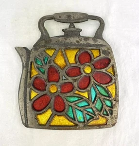 MCM Stained Glass Teapot Trivet Cast Iron Tea Kettle Mid Century Vintage Teatime - Picture 1 of 7