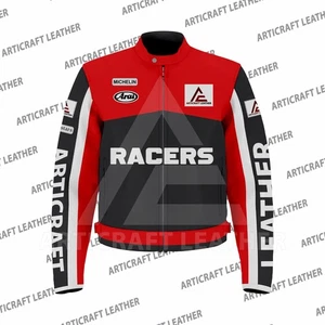Customize Vintage Racing Jacket Red & White Edition Cowhide Leather Biker Jacket - Picture 1 of 3