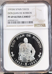 1993 SPAIN SILVER 5 ECU DON JUAN DE BORBON NGC PF 69 ULTRA CAMEO RARE TOP POP 1 - Picture 1 of 3