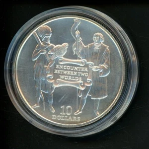 Barbados 10 Dollars 1992 Christopher Columbus Matte Proof Silver Coin KM 53 - Picture 1 of 2