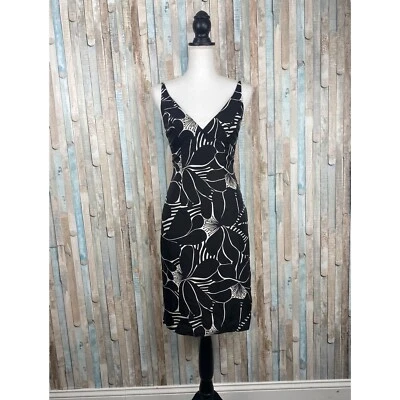 Vestido Lápiz Milly New York 0 Negro Blanco Estampado Floral 100% Seda Cuello en V Cóctel Foto 1 de 4