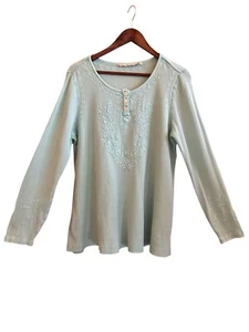 Soft Surroundings Pastel Mint Green Boho Waffle Knit Embroidered Henley XL Top - Picture 1 of 15