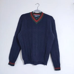 Ralph Lauren Vintage Wool Blend Jumper Navy V Neck Preppy Striped Trim Mens M L - Picture 1 of 9