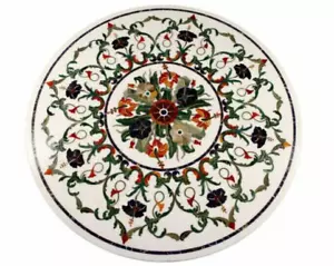 white Marble Center Table Top Semi Precious Stones round Inlay Home Decor 18" - Picture 1 of 3