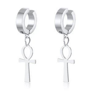 Mode Silber Männer Ohr Tropfen Ohrringe Ankh Kreuz Hänger kein Piercing Klemme Clip - Bild 1 von 6