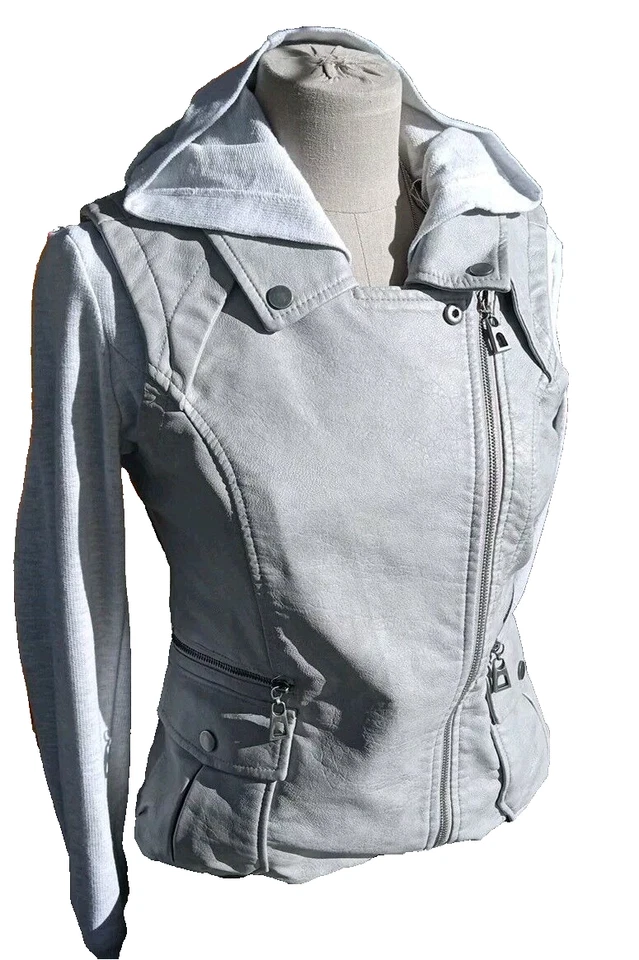 Light Gray Eco Leather Jacket ~Cotton Sleeved+Hood Streetwear By Blanc Noir Sz S - Image 1 of 4