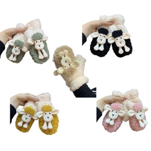 Winter Faux Fleece Gloves Cartoon Sheep Animal Plush Lined Mittens with String - Picture 1 of 10