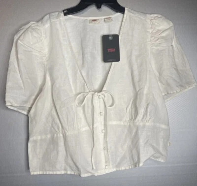 Top Levi’s Manga Abullonada Suave Lino Abotonado y Corbata Crema Hueso XL NUEVO CON ETIQUETAS Foto 1 de 4