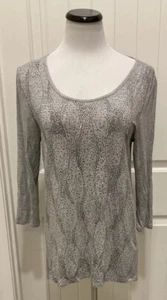 Nice Gray 3/4 Sleeves French Blue Top Rhinestones W/Small Black Patterns SZ PXL - Picture 1 of 9