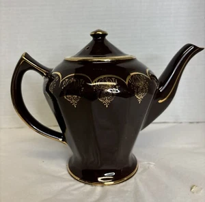 Hall Albany Teekanne 0227 USA braun mit Goldrand glasierte Keramik 6 Tassen - Bild 1 von 8