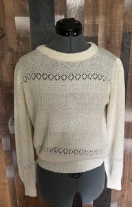 Vintage Cream Beaded Open Knit Sweater 80s Feminine Holiday Party Medium - Picture 1 of 15
