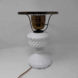 Vintage Milk Glass Hobnail Table Lamp Mid-Century White Glass with Brass Accents - Picture 1 of 10
