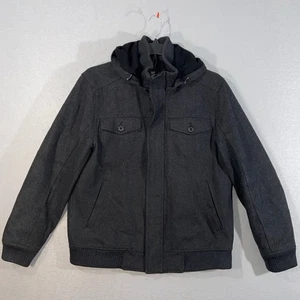 Express Herren große Jacke Mantel grau Wollmischung Kapuze durchgehender Reißverschluss Knopfleiste - Bild 1 von 10