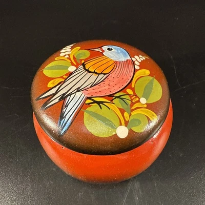 Vintage Mexico Hand Painted Lidded Ceramic Trinket Box 2.5” Bird Floral Signed - Image 1 of 4