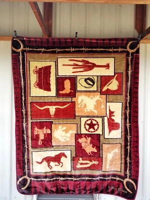 COWBOY HAT BOOT SADDLE RODEO HORSE PISTOL WESTERN QUEEN SIZE BLANKET BEDSPREAD - Image 1 of 3