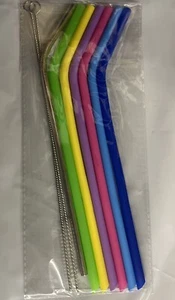 Set 6 Reusable Silicone Straws + 1 Stainless Steel + 2 Cleaning Brush 10 Inch - Picture 1 of 6