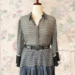 Vintage Y2K Black Printed Silk Chiffon Bell Sleeve Prairie Duster Blouse Size XL - Picture 1 of 12