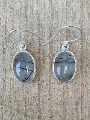Black Rutilated Quartz Oval Cut Gemstone 925 sterling silver Handmade Earrings - Image 1 of 4
