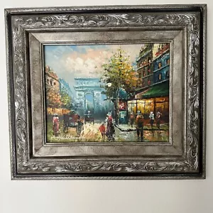 P. Hunter Original Oil on Canvas Paris Street Scene in Silver Frame 13" x 15" - Picture 1 of 9