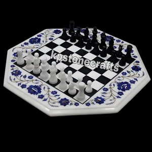 Marble Inlay Chess Board Table with Wooden Legs | Handcrafted Makrana Marble |13 - Picture 1 of 10