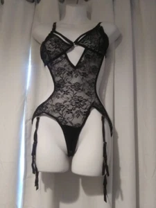 Baci Lingerie Women's Queen Size 14-18 Black Sheer Lace Bodysuit A - Picture 1 of 5