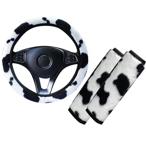 Plush Non slip Car Steering Wheel Cover + Shoulder Pads Cow Pattern Set of 3pcs - Picture 1 of 15
