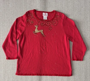 Quacker Factory Red Sequin Gold Reindeer Size Large Christmas Holiday - Picture 1 of 4