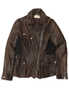 KAREN MILLEN Womens Biker Jacket UK 14 Large Brown Colourblock Leather AE12 - Picture 1 of 3