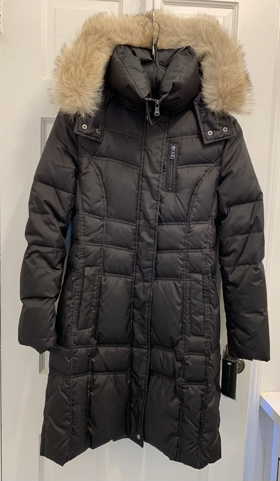 Abrigo de Plumón Marc New York Pequeño Negro Piel Real Capucha Chaqueta Larga Puffer S Foto 1 de 4