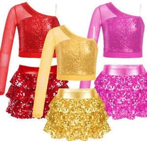 Girl Dance Stage Performance Costume Sparkly Sequins Dance Top Ruffle Skirted - Picture 1 of 70
