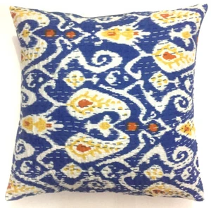 16" Square Ikat Kantha Embroidered Cushion Cover Sofa Couch Pillow Throw Blue - Picture 1 of 4