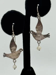 JCM Israel Sterling Silver Pearl Peace Dove Hook Dangle Earrings - Picture 1 of 10