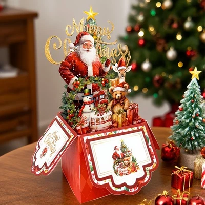NUEVA Tarjeta de Felicitación 3D Pop-Up de Navidad con Sobre 3D Árbol de Papá Noel y Diseño de Regalos Foto 1 de 4