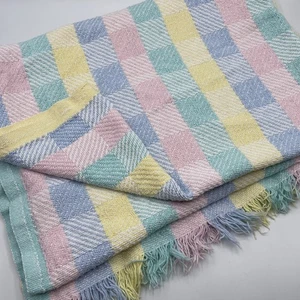Vintage Beacon Pastello Tessuto Blocco Coperta Patchwork Bambino Maglia Cotone Frangia USA - Foto 1 di 4