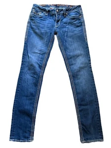 Rock Revival Blue Denim Jeans Mid Rise Darcy Skinny Stretch Damen 31x32 Silber - Bild 1 von 10