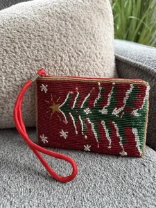 Vintage Perlen Weihnachtsbaum Geldbörse/Handgelenktasche Urlaub Reißverschluss Etui 4x6 - Bild 1 von 11