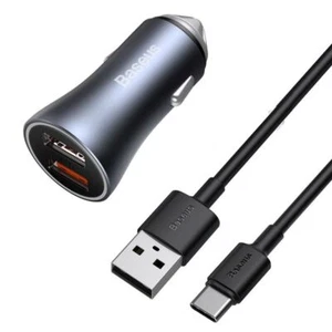 Chargeur Rapide De Voiture 40W 12-24V 2xUSB; Câble USB-C 1m, Gris Foncé, Baseus - Photo 1 sur 6