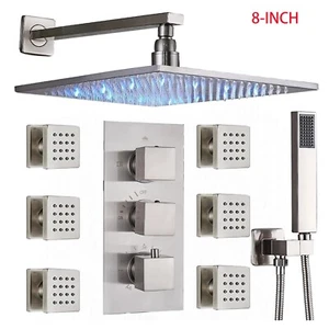 8" Brushed Nickel LED Shower Head Combo Rainfall Massage Body Jet Sprayer System - Picture 1 of 13