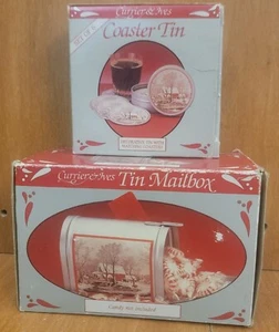 Currier and Ives Tin Mailbox Candy Container & Tin Coasters Boxed Set, Very good - Picture 1 of 19